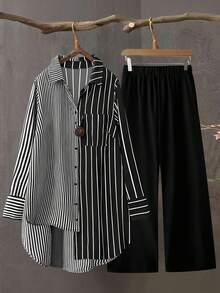Linhara 大码女式经典黑白条纹不对称下摆长袖宽松休闲时尚衬衫和配套纯色直筒裤两件套，Regalyn 简约通勤工作日常百搭款 - 黑與白 - 查看 1