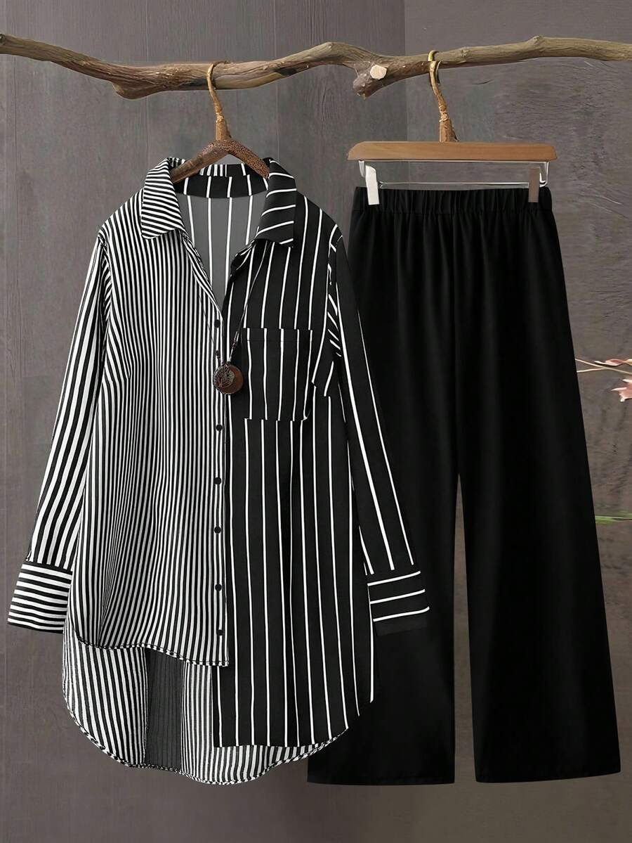 Linhara 大码女式经典黑白条纹不对称下摆长袖宽松休闲时尚衬衫和配套纯色直筒裤两件套，Regalyn 简约通勤工作日常百搭款 - 黑與白 - 查看 1