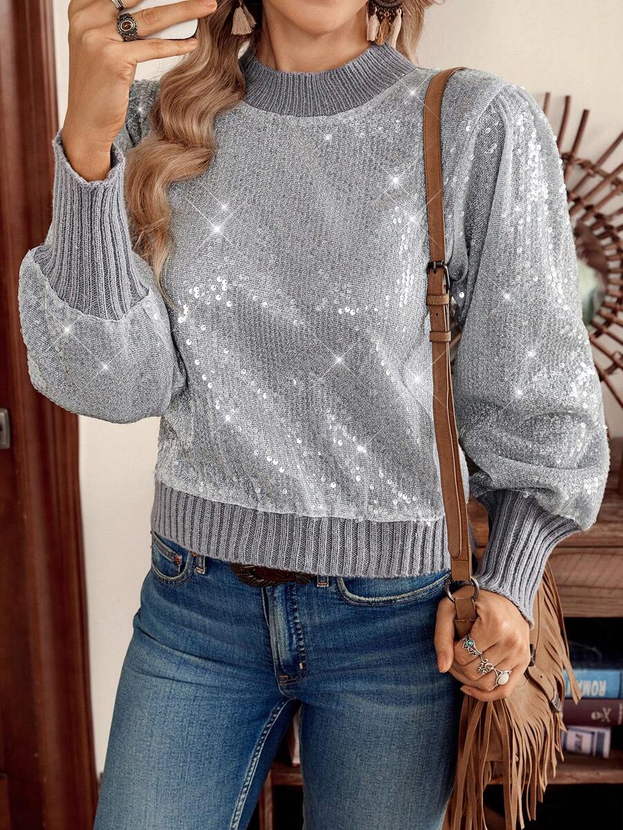 SHEIN LilyWest Áo len nữ màu trơn tay phồng đính sequin thời trang dự tiệc - Xám - Xem 1