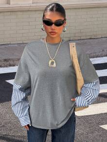 Muchica 女士新款灰色拼接蓝色条纹圆领宽松长袖T恤，春夏款 - 灰色 - 查看 6