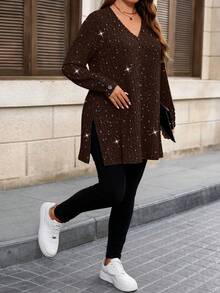 EMERY ROSE Camiseta casual y cómoda de manga larga con cuello en V, botones decorativos y estampado de salpicaduras de polvo de unicolor y acanalado para mujer de talla grande - Marrón Mocha - Ver 5