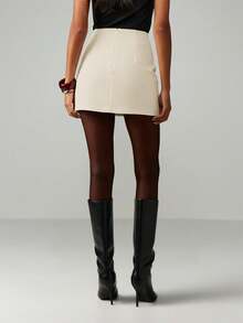 MISSGUIDED Bow Detail A Line Mini Skirt High Waisted Cinched Side Tie Casual Fall Winter Office Elegant Fitted - Cream - View 2