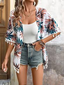 Brillora 热带印花流苏饰边蝙蝠袖和服夏季