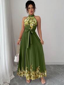 Elenzga Women's Summer Elegant Floral Loose-Fitting Halter Dress - Army Green - View 7