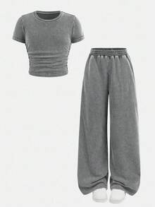 SHEIN Conjunto de camiseta de cuello redondo de manga corta ajustada y pantalones holgados de pierna ancha de punto para niña preadolescente - Gris - Ver 9
