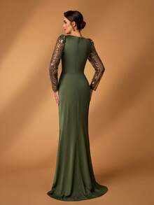 Serin 优雅奢华的串珠、亮片和刺绣弹力针织泳衣面料，配以透明褶皱袖和美人鱼裙摆，适合婚礼、派对、度假、新娘、新娘母亲等正式场合穿着。 - 軍綠色 - 查看 4