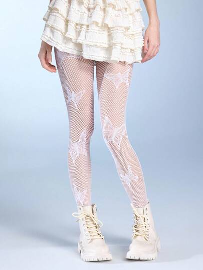ROMWE Kawaii 1 Piece Of White Butterfly Lace Mesh Socks, Sexy Hollow Semi-Transparent Tights, Cute Style Elastic Pantyhose, Suitable For Dating And Daily Wear.