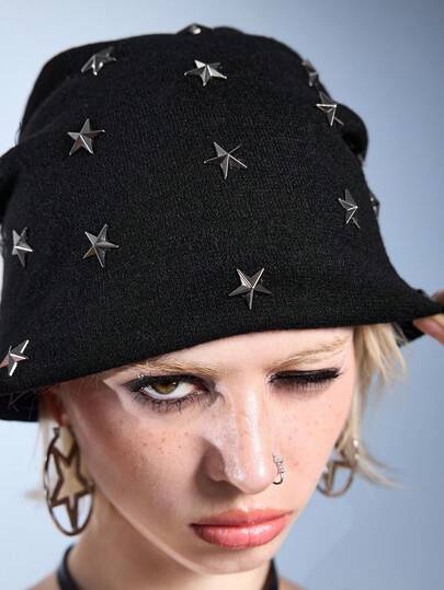 Goth 1pc Black Punk Rock Vintage Metal Stud Star Design Warm Knit Beanie Hat, Fashionable Minimalist Unisex Accessory For Daily, School, Date, Shopping, Travel, Halloween And More