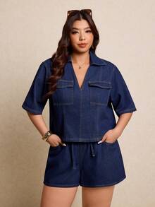 Elaquor 大码女式牛仔翻领短袖工装口袋衬衫和牛仔短裤休闲两件套 - 深色水洗藍 - 查看 3