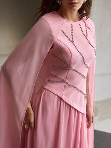 ZEYLAH Women's Round Neck Rhinestone Decor Luxurious Elegant Extra Long Cloak Dress - Baby Pink - View 2