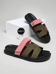 SHUZIA Zapatos anchos para mujer, cómodos, de punta abierta, con suela gruesa, de uso diario, tipo slip-on en ante color caqui y rosa, sandalias anchas, esenciales de viaje para el verano - Verde militar - Ver 7