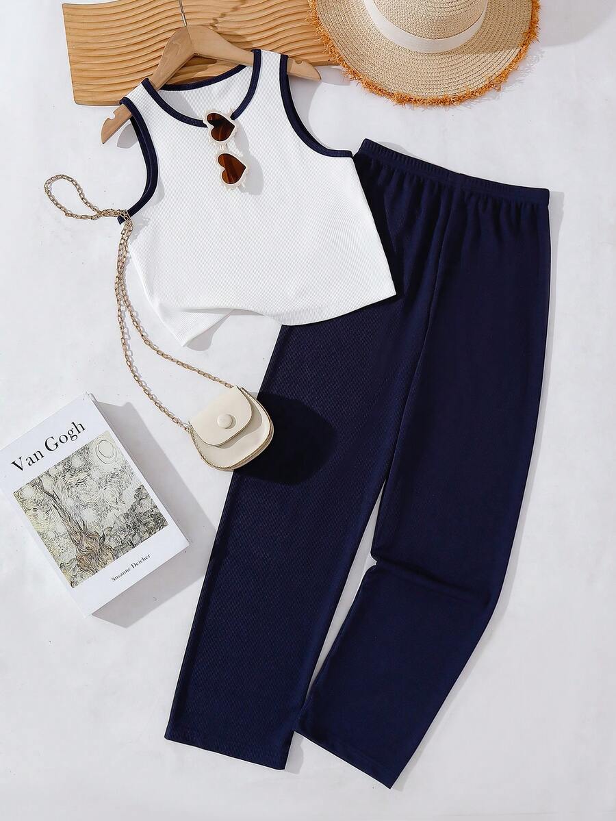 SHEIN Explorewe 两件套少女罗纹圆领背心和休闲裤套装