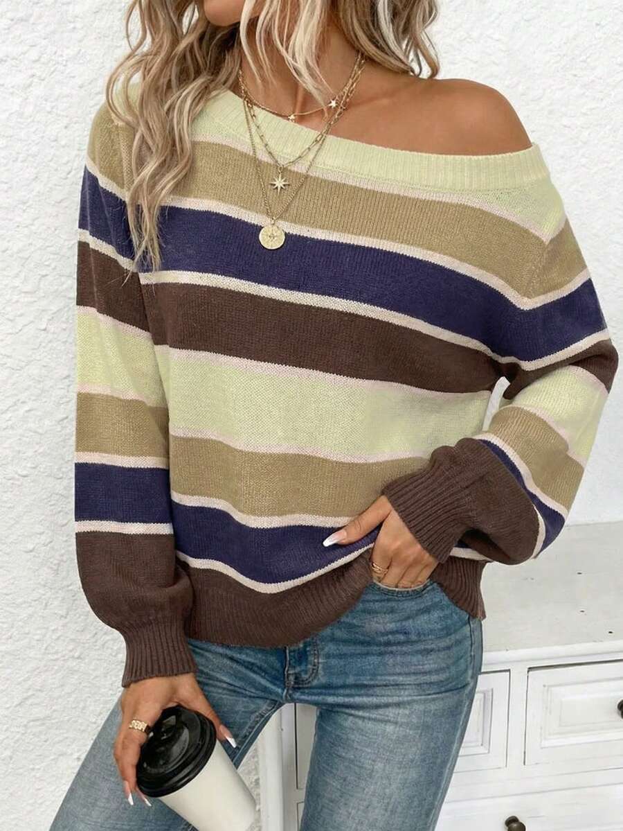SHEIN LUNE Damen Lässiger Off-Shoulder Pullover, geeignet für Herbst/Winter - Verschiedenfarbig - View 1
