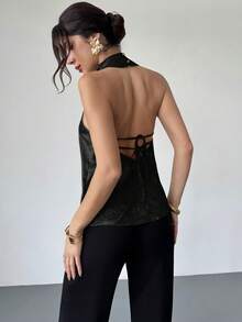 Firerie Damen Lässig und elegant Pendler Gold Satin Halter-Rücken Rollkragen Top/Silvester Look/Sexy Top/Glitzerndes Top/Party Top/Old Money Stil Top/Gold Top - Schwarz - Übersicht 7