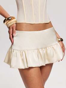 SHEIN BAE 女士时尚性感纯色低腰半身裙，内置短裤 - 芥末黃 - 查看 2