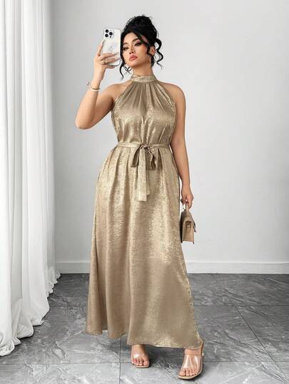 SHEIN Tall CURVE Vestido elegante de talla grande con estilo medio oriental, de cuello halter, cintura con lazo de metal y tela, ajuste ceñido con abertura lateral, adecuado para salidas casuales, fiestas y reuniones