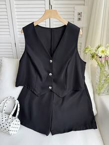 SHEIN EZwear 1 pieza Conjunto de chaleco negro de cuello en V de talla grande y 1 pieza Conjunto de pantalones cortos con cintura elástica, para graduación, regreso a la escuela, atuendos de maestras en otoño/invierno - Negro - Ver 6