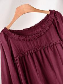 CosyJoli Plus Size Women Frill Trim Round Neck Long Sleeve Casual Brown Shirt, Versatile For Daily Wear Burgundy Spring - Burgundy - View 6