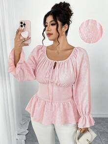 Elenzga Áo thun dáng chữ A ôm sát, cổ tròn, tay bồng, chất liệu dệt kim dập nổi 3D, cỡ lớn, thanh lịch, thích hợp cho các buổi đi chơi, đi làm, hẹn hò và tụ họp. - Hồng - Xem 5