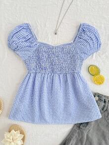 SHEIN Teen Girl Plaid Casual Versatile Vacation Puff Sleeve Shirt - Blue - View 2