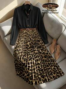 Franclia 女士优雅收腰修身豹纹褶裥连衣裙，适合办公室和通勤穿着。 - 黑色 - 查看 1