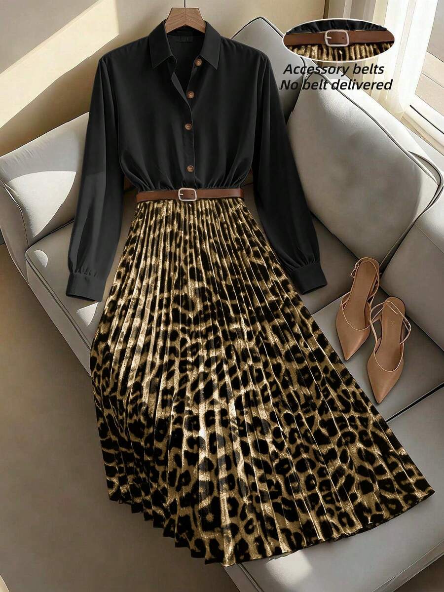 Franclia 女士优雅收腰修身豹纹褶裥连衣裙，适合办公室和通勤穿着。 - 黑色 - 查看 1