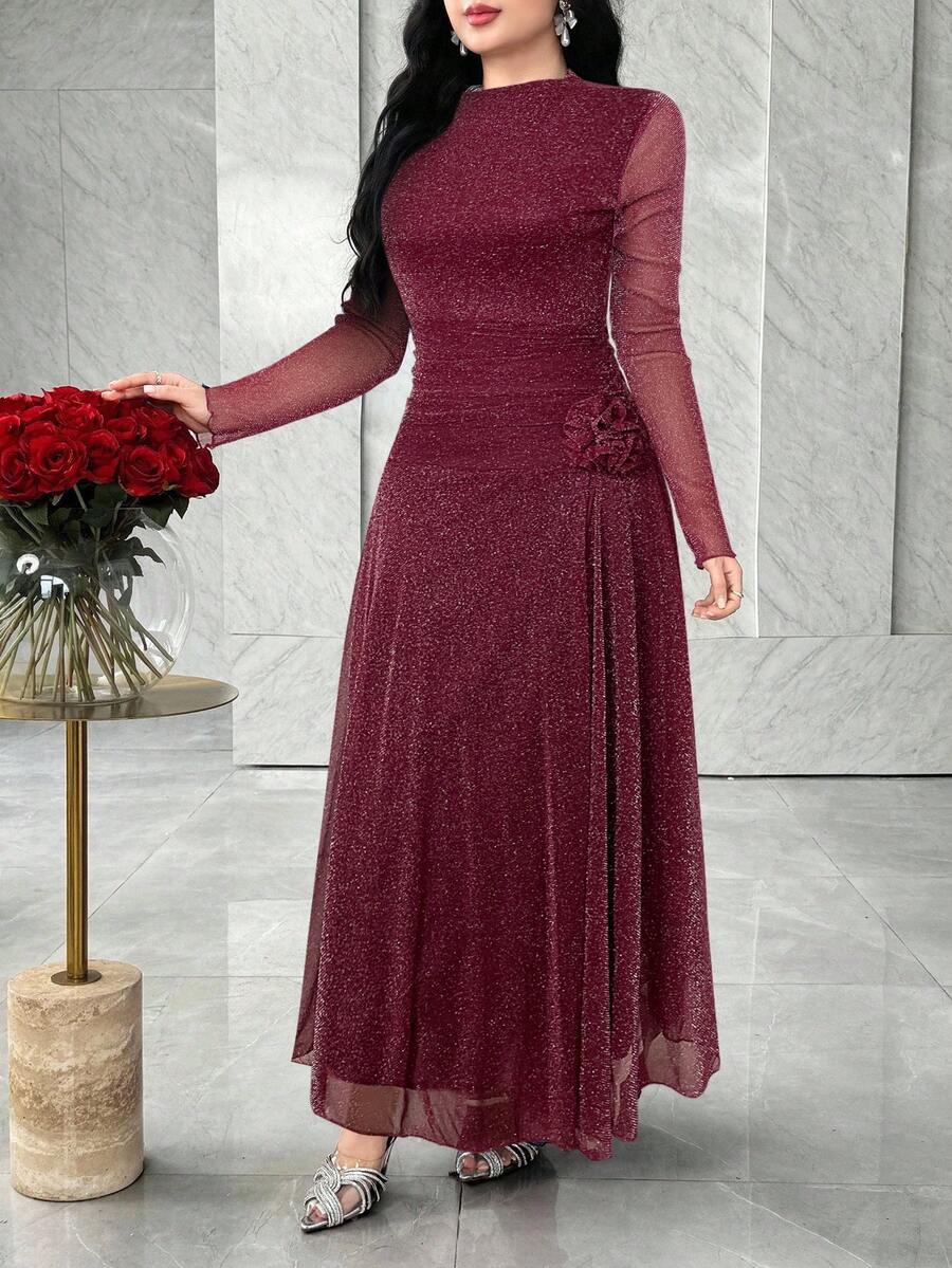Feyla Long Sleeve Front Slit 3D Floral Elegant Elegant Versatile Party Dress - Burgundy - View 1