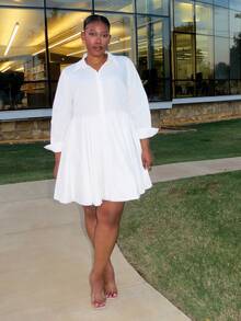 Truni 大码纯色前开襟休闲百搭长袖连衣裙/秋冬 - 白色 - 查看 8