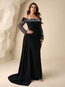 Coutiva Plus Size Women Faux Pearl Decor Mesh Patchwork Long Sleeve Flowy Elegant Formal Evening Gown Plus Size Off The Shoulder Elegant Dress Plus Size Black Evening Gown Plus Size Black Cocktail Dress Off The Shoulder Plus Size Dress Plus Size Curve Elegant Dress Plus Size Evening Gown Plus Size Black Elegant Dress Plus Size Corset Dress Valentines Dress Elegant Dress Sequin Dress Floral Dress Luxury - Black - View 6