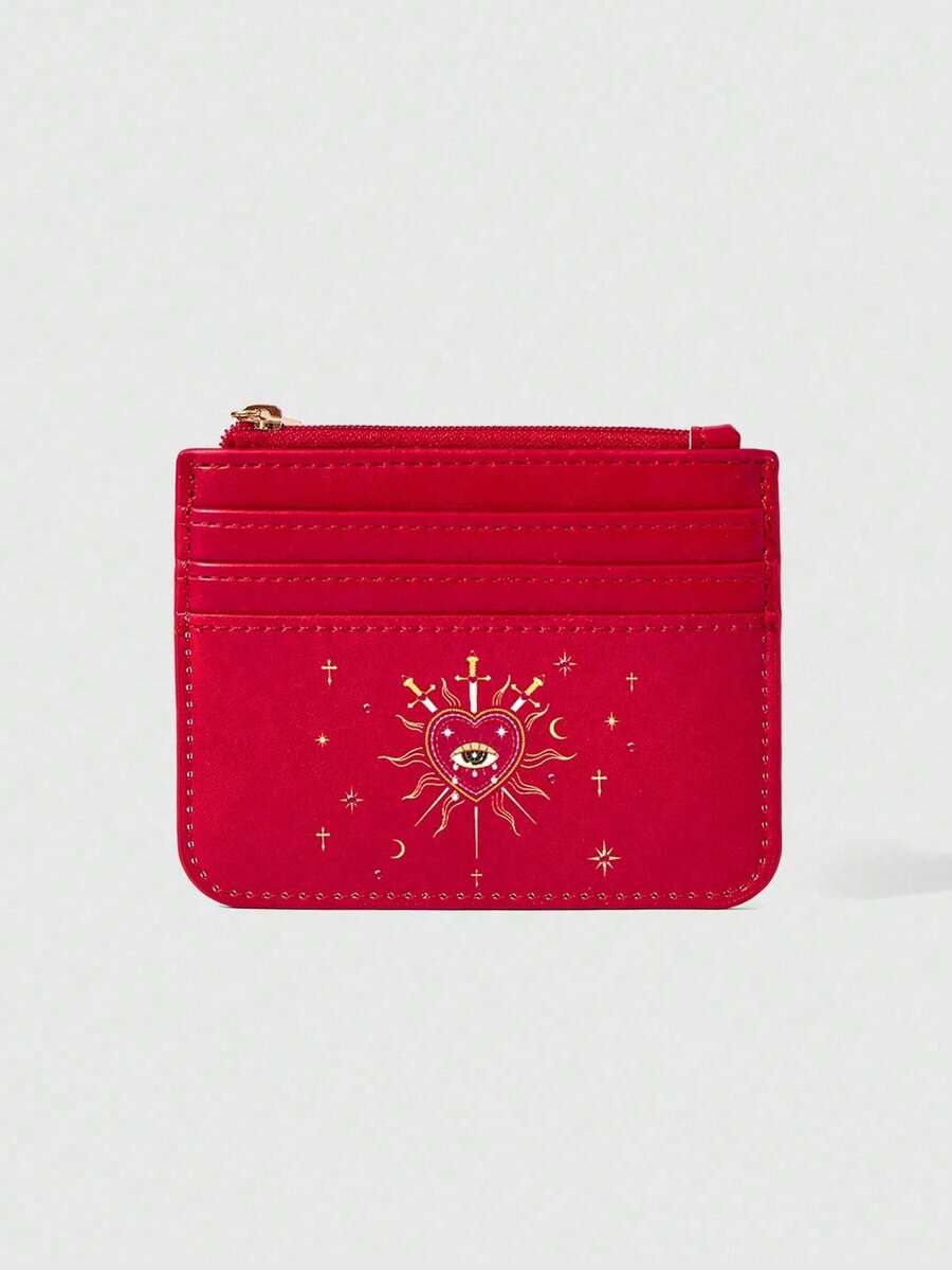 ROMWE Fairycore 日月星辰图案卡包零钱包 - 酒紅色 - 查看 1