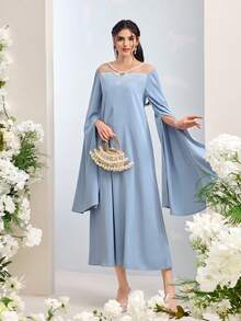 Al Najma 女士时尚优雅网纱拼接土耳其长裙，阿拉伯传统长袍 - 藍色 - 查看 4