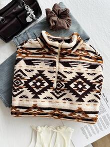 Comfortcana 大码女式几何图案半襟长袖羊毛运动衫，秋冬款