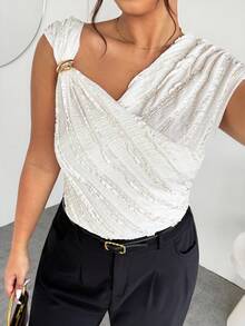 SHEIN Privé Plus Size Women Solid Color Frill Trim Asymmetric Neck Fashion T-Shirt White Elegant Top Draped Top Textured White Top Sleeveless Top - Beige - View 6