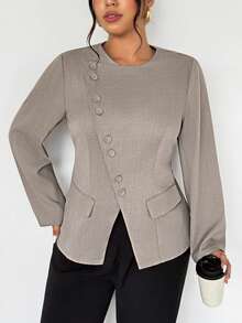 Firerie 女士优雅通勤日常百搭街头时尚新款不对称翻领纽扣腰长袖卡其灰色西装外套 - 卡其色 - 查看 2