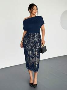 Firerie Đầm midi tay ngắn dáng suông, thoải mái, thanh lịch, kiểu dáng xếp ly bất đối xứng, phối ren, thích hợp cho mùa xuân, thu và đông dành cho nữ, phù hợp cho kỳ nghỉ. - Màu xanh hải quân - Xem 3