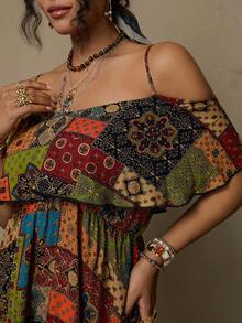 SHEIN VCAY 大码女式拼接印花露肩时尚连衣裙 - 彩色 - 查看 6