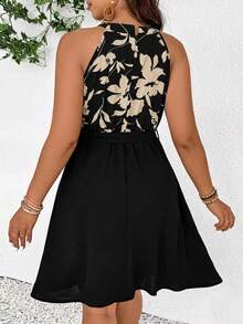 SHEIN Frenchy Plus Size Casual Vacation Floral Print Patchwork Black Waist Tie A-Line Halter Dress - Black - View 2