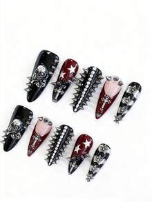 ROMWE Goth 10片朋克风铆钉美甲贴片 + 3片美甲双面胶带，Y2K高品质手工美甲贴片，复古金属骷髅星形元素长杏仁形假指甲，适合所有季节，适合日常、派对和舞蹈场合。 - 黑紅 - 查看 2