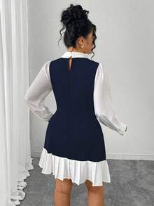 SHEIN Elenzya 大码女式黑白提花领长袖纽扣装饰褶裥短款修身优雅通勤T恤裙 - 藏蓝色 - 查看 2