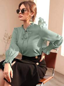 Modelyn Burgundy Red Women's Casual Solid Color Ruffled Sleeve Blouse, Spring And Autumn - Mint Green - View 4