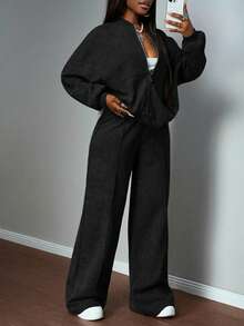 Slaydiva 2025 Autumn/Winter New Arrival Music Festival, Holiday, Western Style, Nomadic Style, Birthday Party, Graduation Season, Student Wear, Casual Daily Outfit, Basic Versatile, Letter Print Zip-Up Jacket And Straight Leg Sweatpants Set, Grey Faux Snow Flake Women 2 Pieces Set - Black - View 7