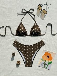 Swim Mod 2026春夏女士波点印花挂脖泳衣，高衩下装，两件式比基尼套装 - 咖啡棕 - 查看 2