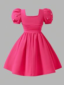 Mädchen elegantes strukturiertes Stoff Quadrat Kragen Puffärmel Perlen Strickkleid, Rot, vielseitig für formelle Anlässe, Meetings, Partys, Tänze, Freizeitbekleidung, Neu Frühling/Sommer/Herbst/Winter, geeignet für Weihnachtsfeier, Zusammenkünfte - Heißes Pink - Übersicht 2