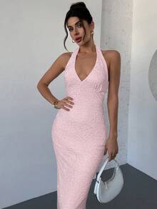 Firerie Elegant Romantic V-Neck Sleeveless Textured Bodycon Maxi Dress, Suitable For Date Nights, Spring/Summer - Baby Pink - View 6
