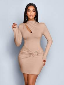 SOLERSUN Abito mini aderente e sexy in tessuto lavorato a maglia, con maniche lunghe, colletto alto, collo rialzato, plissettature, apertura sul petto, decorazione con bottoni metallici, adatto per feste e uso quotidiano, colore albicocca, ideale per l'autunno e l'inverno - Cachi - Visualizzare 3