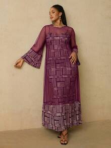 Travachic Conjunto de 2 piezas de vestido de punto con camisola de mujer talla grande con patrón geométrico africano y chal de malla - Rojo violeta - Ver 6