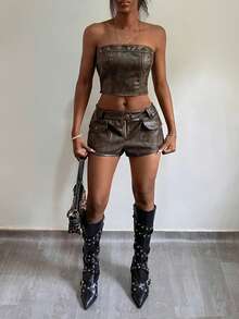 StreetHx 女士Y2K风格街头风两件套，休闲黑色朋克复古装扮 - 巧克力棕 - 查看 4