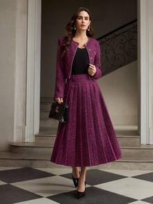 ZEYLAH Women's Sequin Patchwork Pleated Elegant Skirt, Autumn/Winter - Purple - View 6