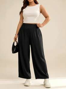 SHEIN Essnce Quần nữ cỡ lớn mùa hè và thu dáng rộng thoải mái, có túi, cạp chun, ống lửng, có túi, quần nữ, quần áo mùa thu, quần giáo viên, quần áo đi học, quần cho người có thân hình đầy đặn. - màu đen - Xem 7