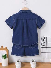 SHEIN 男童单排扣口袋衬衫和短裤休闲牛仔套装